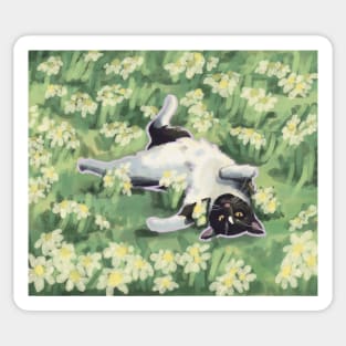 Cute Cat Frolicking in Flower Field Sticker